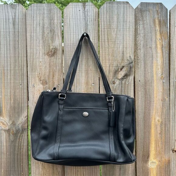 Coach Peyton Leather Double Zip Carryall Tote Bag Black Large - Picture 1 of 12